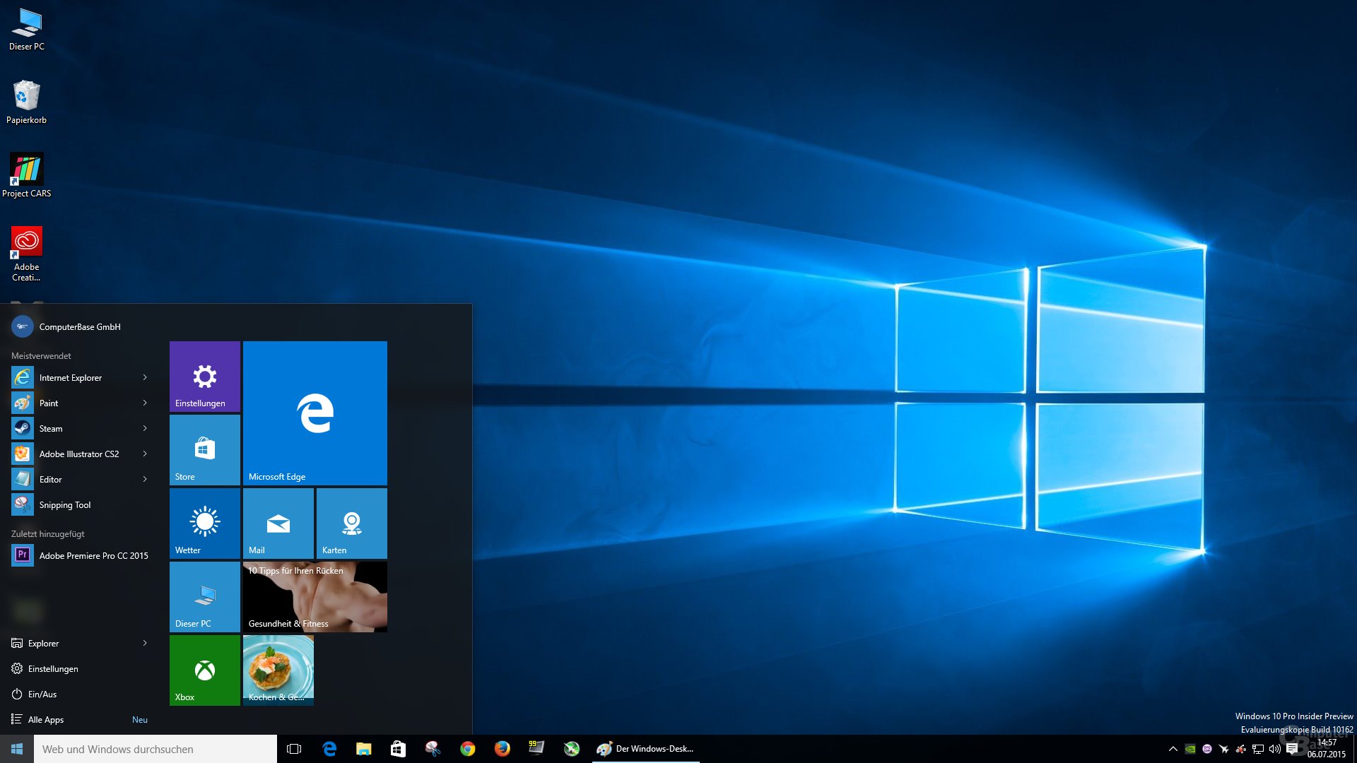 Der Windows-Desktop mit dem neuen Hero Image und dem Startmenü