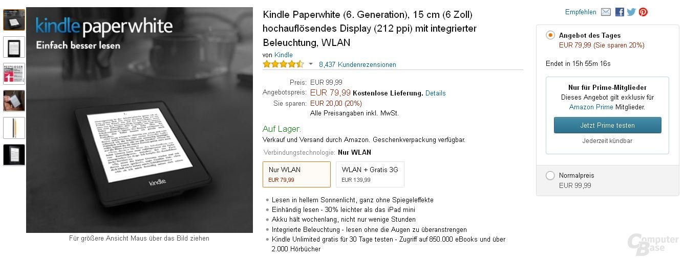 Kindle Paperwhite 2014 für 79,99 Euro beim heutigen Amazon Prime Day