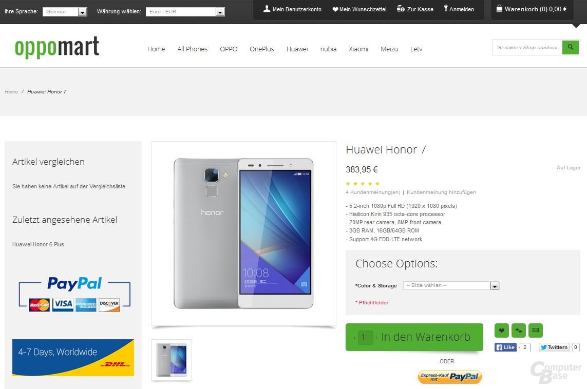 Huawei Honor 7 gelistet bei oppomart
