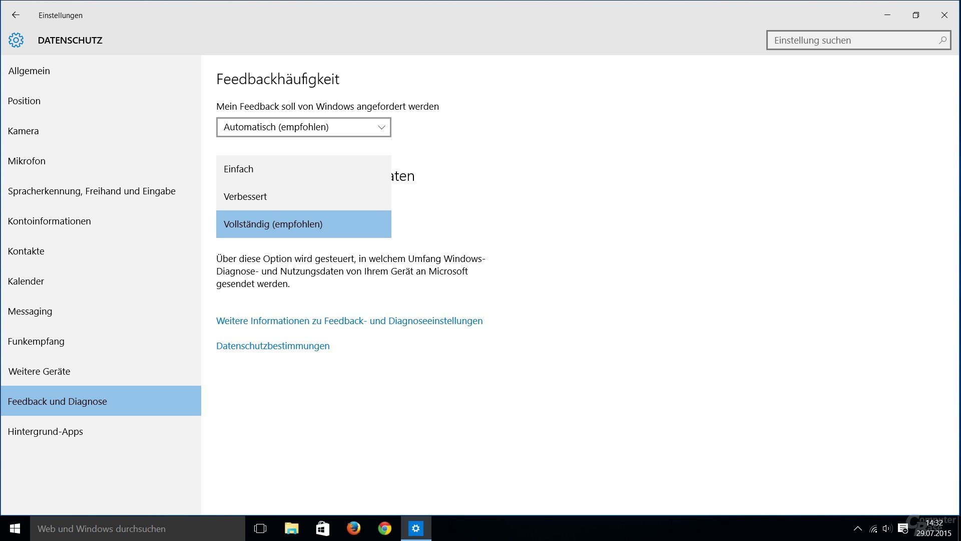 Windows 10: Feedback- und Diagnose-Einstellungen