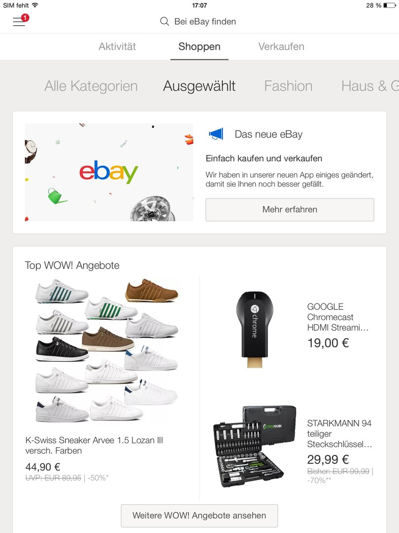 eBay 4.0 – Menüpunkt „Shoppen“