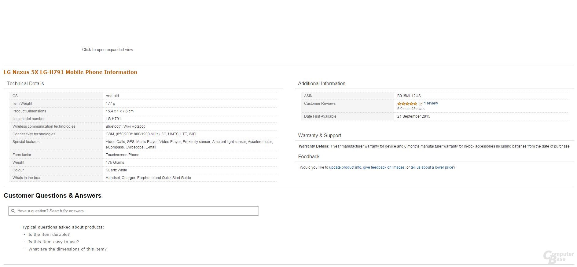 Listung des Nexus 5X auf Amazon.in