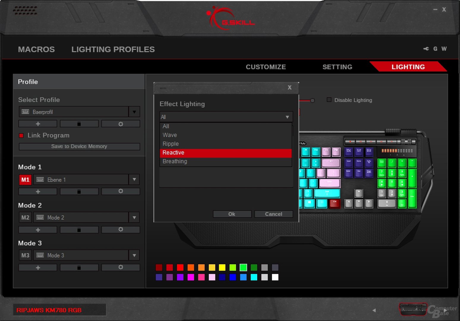 Leuchtmodi können nur für die gesamte Tastatur bei einfarbiger Hintergrundbeleuchtung gewählt werden
