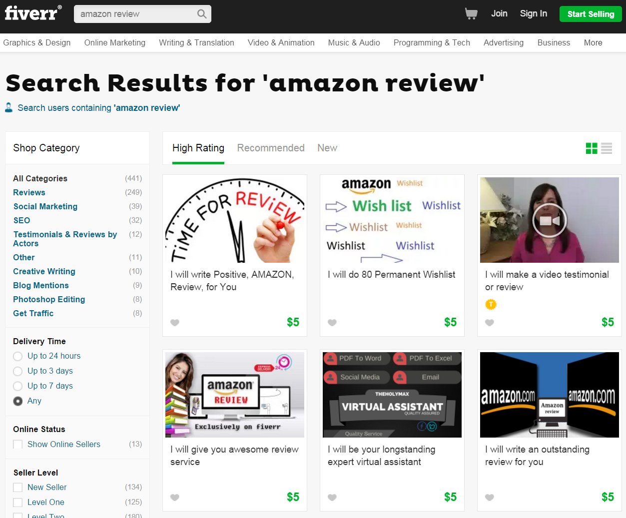 Amazon-Bewertungen gegen Geld auf Fiverr
