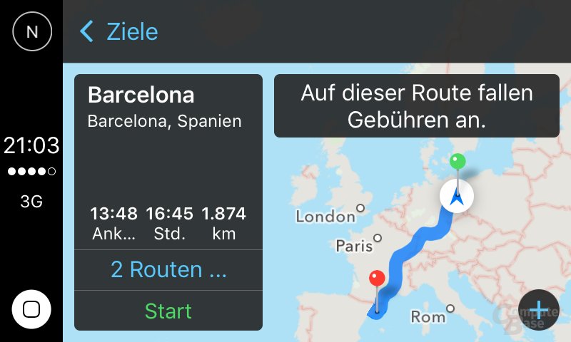 CarPlay: Beispiel für Navigation nach Barcelona