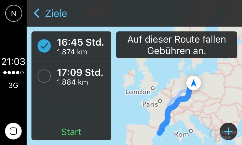 CarPlay: Beispiel für Navigation nach Barcelona