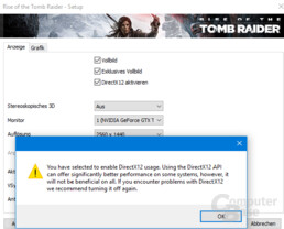Beim Aktivieren von DirectX 12 gibt es eine Warnung