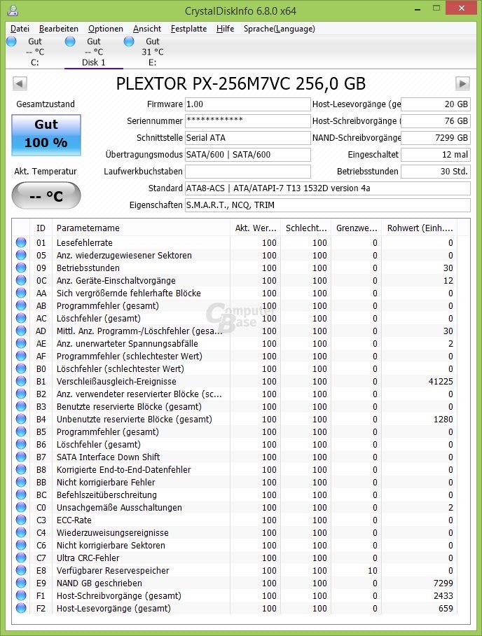 Plextor M7V 256 GB: CrystalDiskInfo