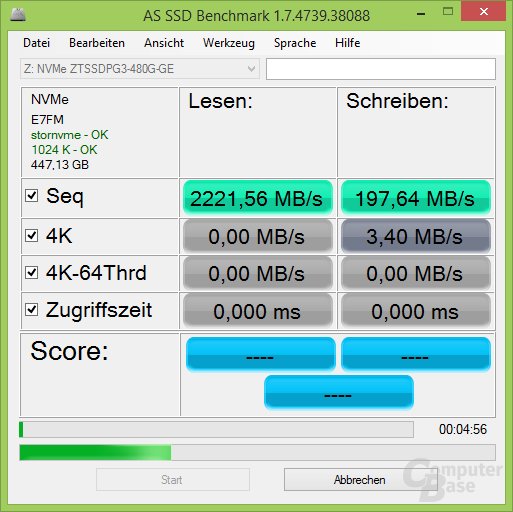 AS SSD mit Standardeinstellung (ohne „Cache-Trick“)