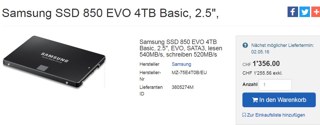 Samsung 850 Evo 4 TB bei Schweizer Händler