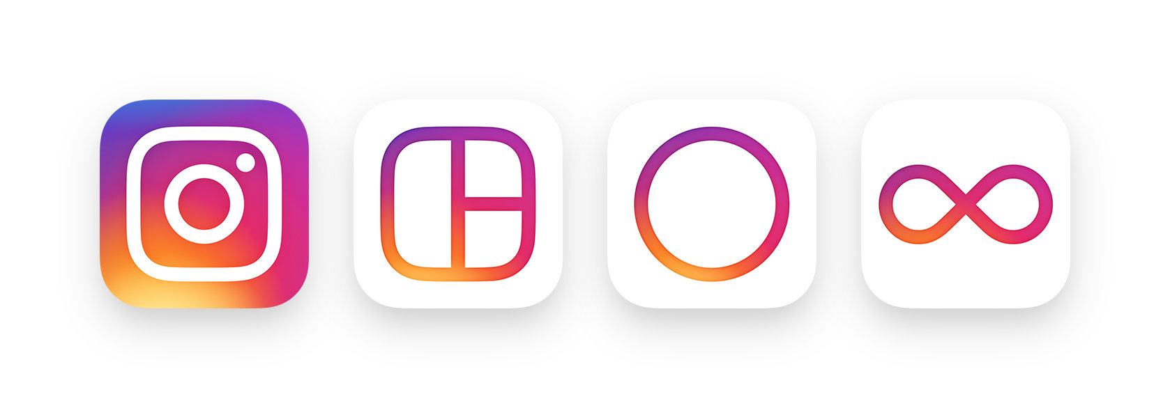 Neue Logos für Instagram, Layout, Hyperlapse und Boomerang (von links nach rechts)