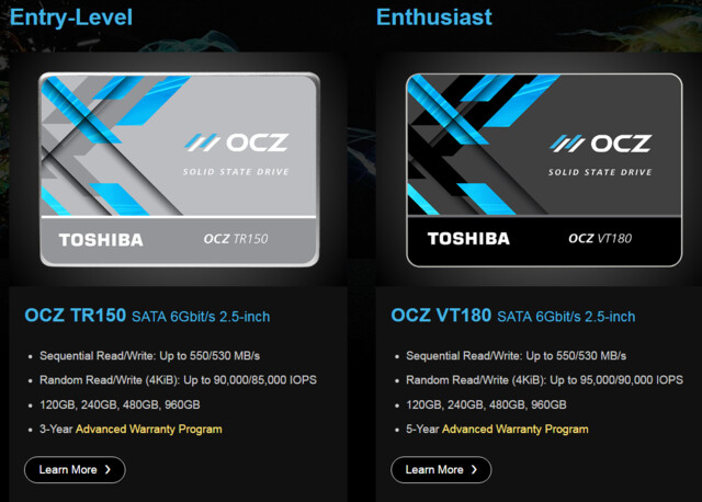 Das verbliebene SSD-Portfolio auf der OCZ-Website