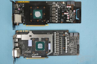 Das PCB im Vergleich: Oben Inno3D iChill X3, unten Asus Strix