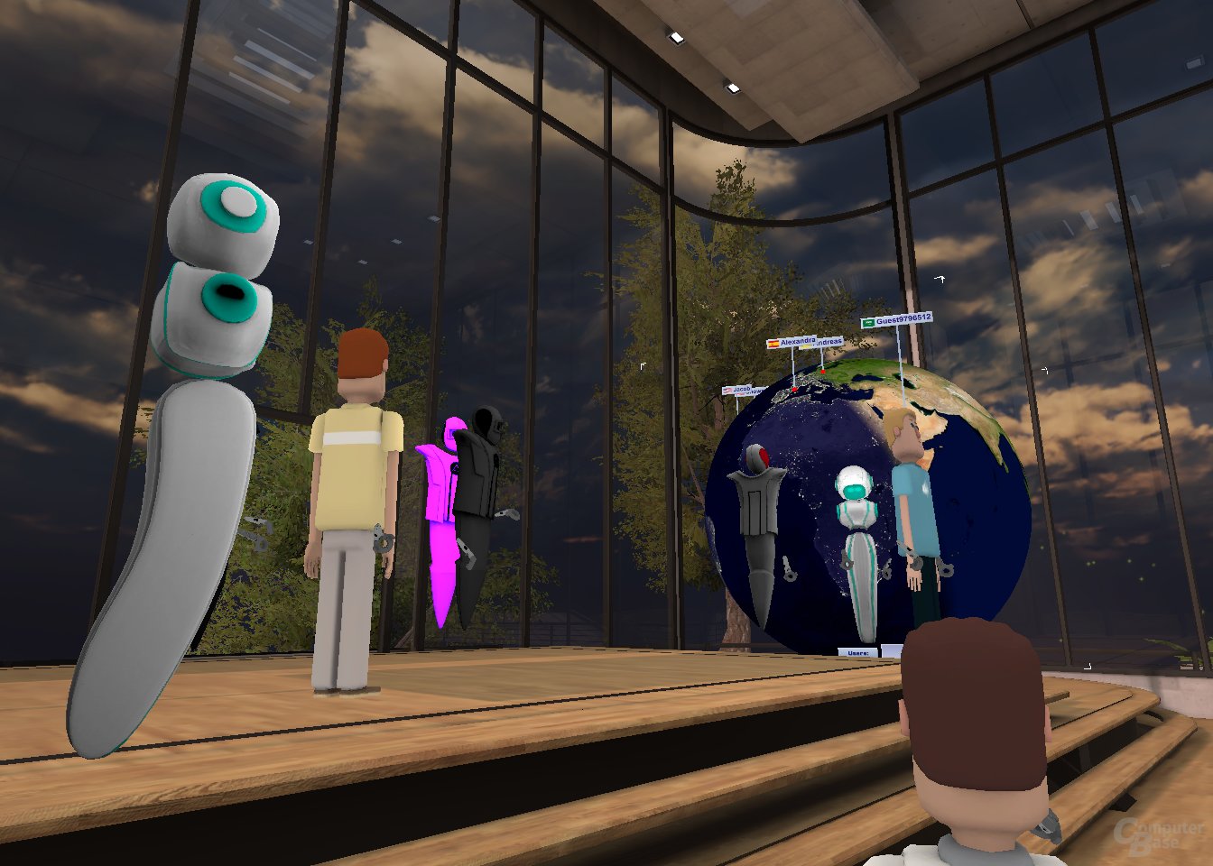 Im „Hang Out“-Raum kann ein virtueller Globus eingeblendet werden, der das Herkunftsland der einzelnen VR-Nutzer anzeigt