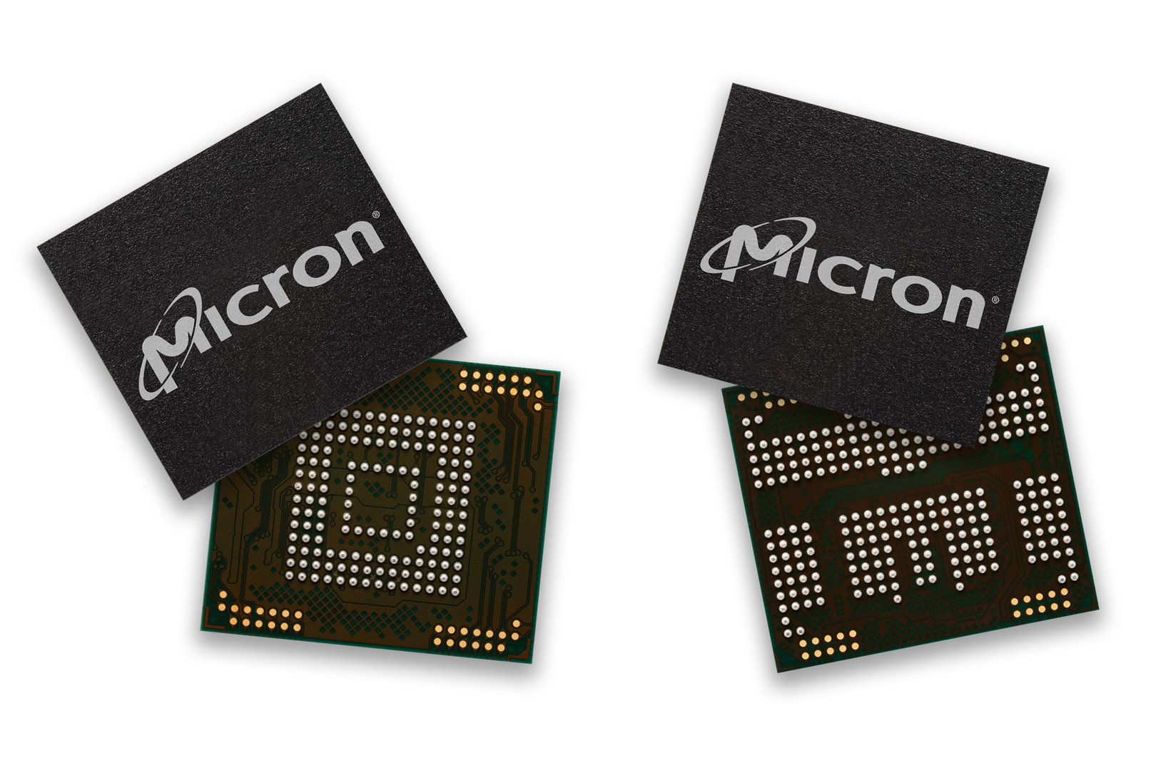 32 GB Micron 3D-NAND mit UFS-2.1-Interface als BGA (rechts) und als MCP inklusive 3 GB LPDDR4x (links)