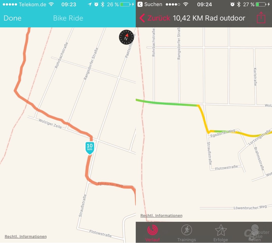 Links GPS mit iPhone SE, rechts Apple Watch