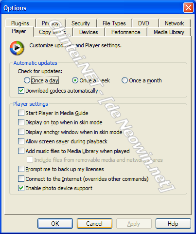 Optionen bei Windows Mediaplayer 10