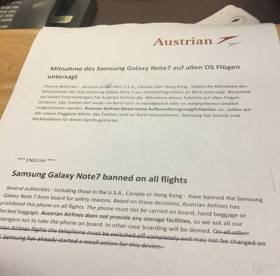 Hinweis von Austrian Airlines auf das Verbot am Wiener Flughafen