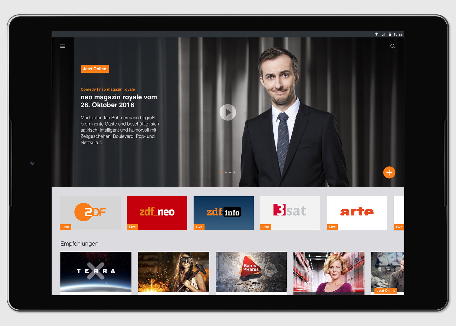 App der ZDFmediathek auf Tablet mit Android-Betriebssystem
