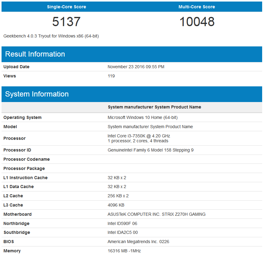 Intel Core i3-7350K in Geekbench