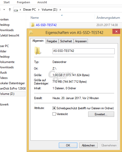 AS SSD: Testdatei für 4K-Lesetest mit NTFS komprimiert