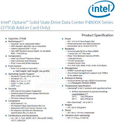 Datenblatt zur Intel Optane DC P4800X