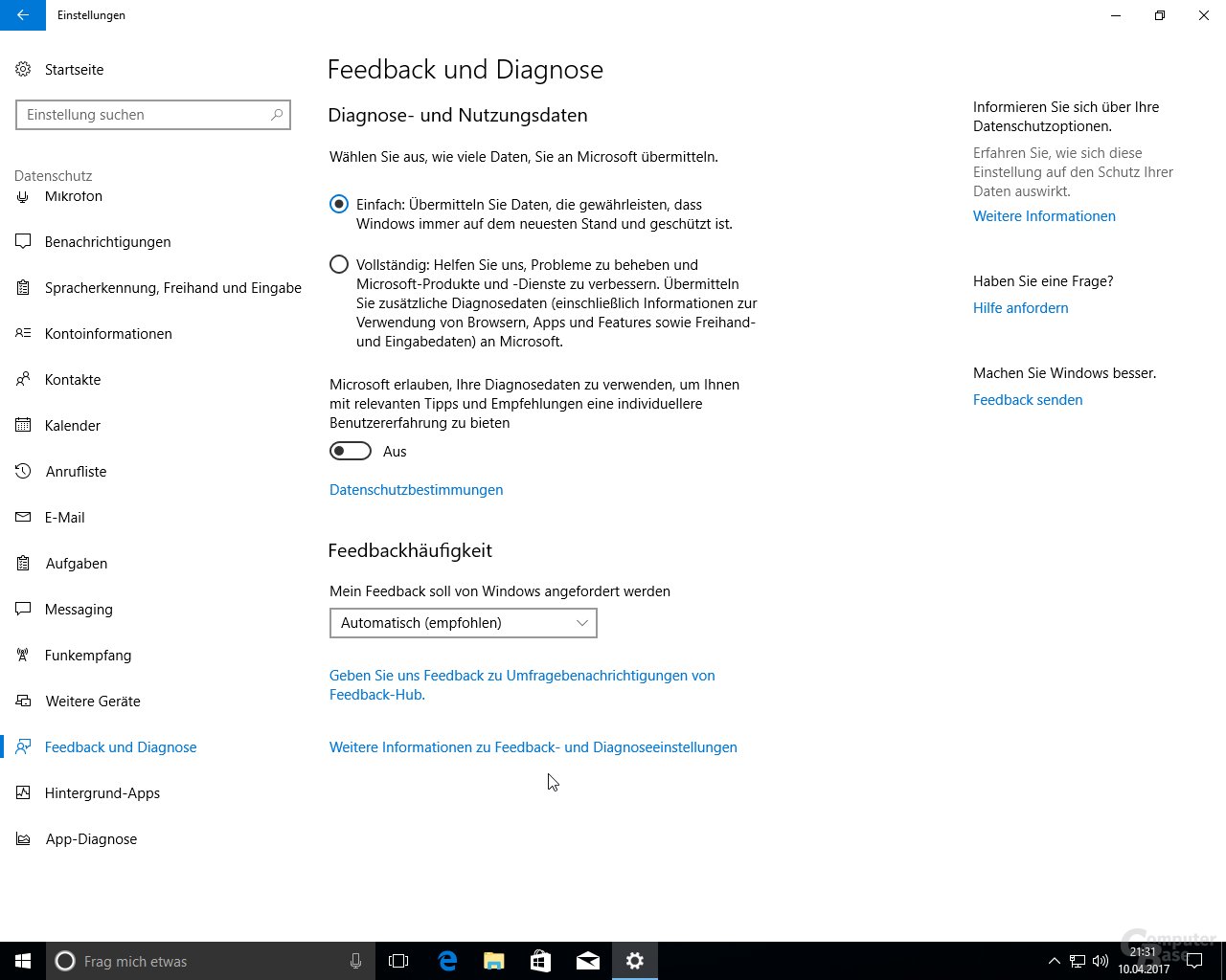 Windows 10 Creators Update: Neue Auswahl bei den Diagnose- und Nutzungsdaten