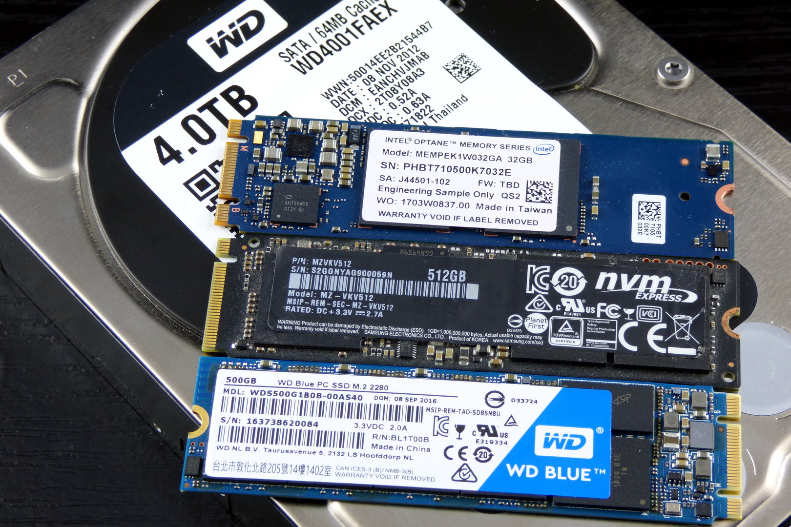 Intel Optane Memory, Samsung 950 Pro, WD Blue SSD (v.o.n.u.) auf WD Black HDD