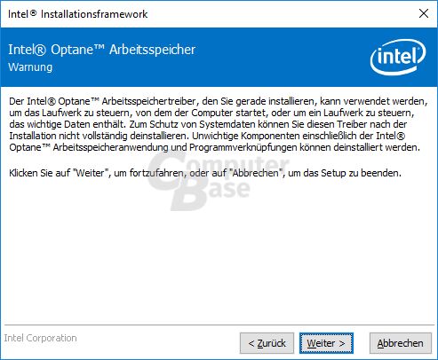 Installation der Optane Memory Software