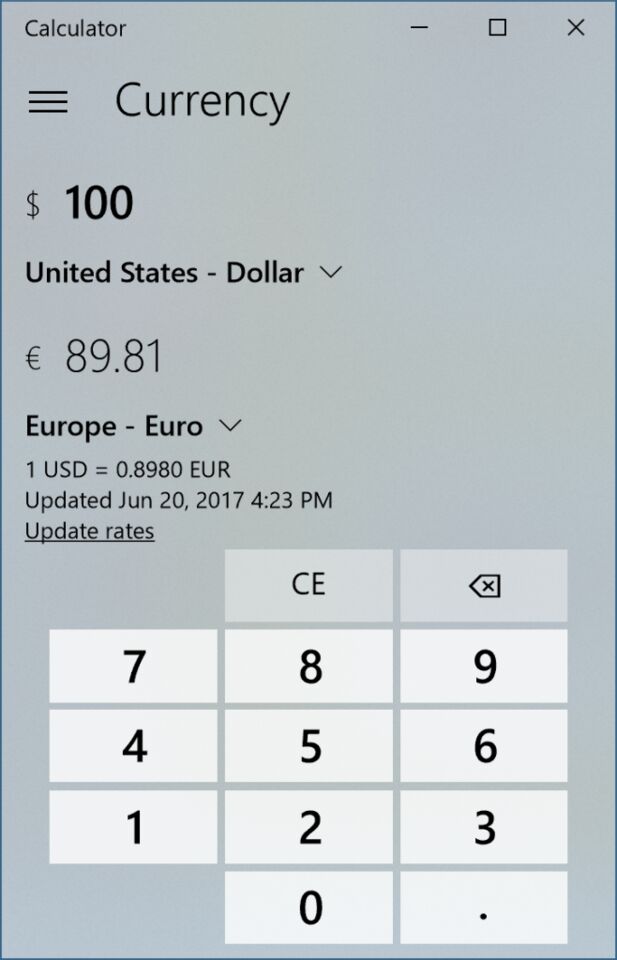 Der neue Taschenrechner kennt Wechselkurse (Bild: Microsoft)