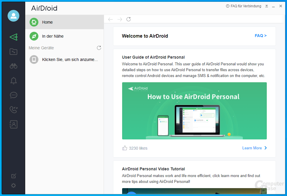 AirDroid – Oberfläche (ohne Login)