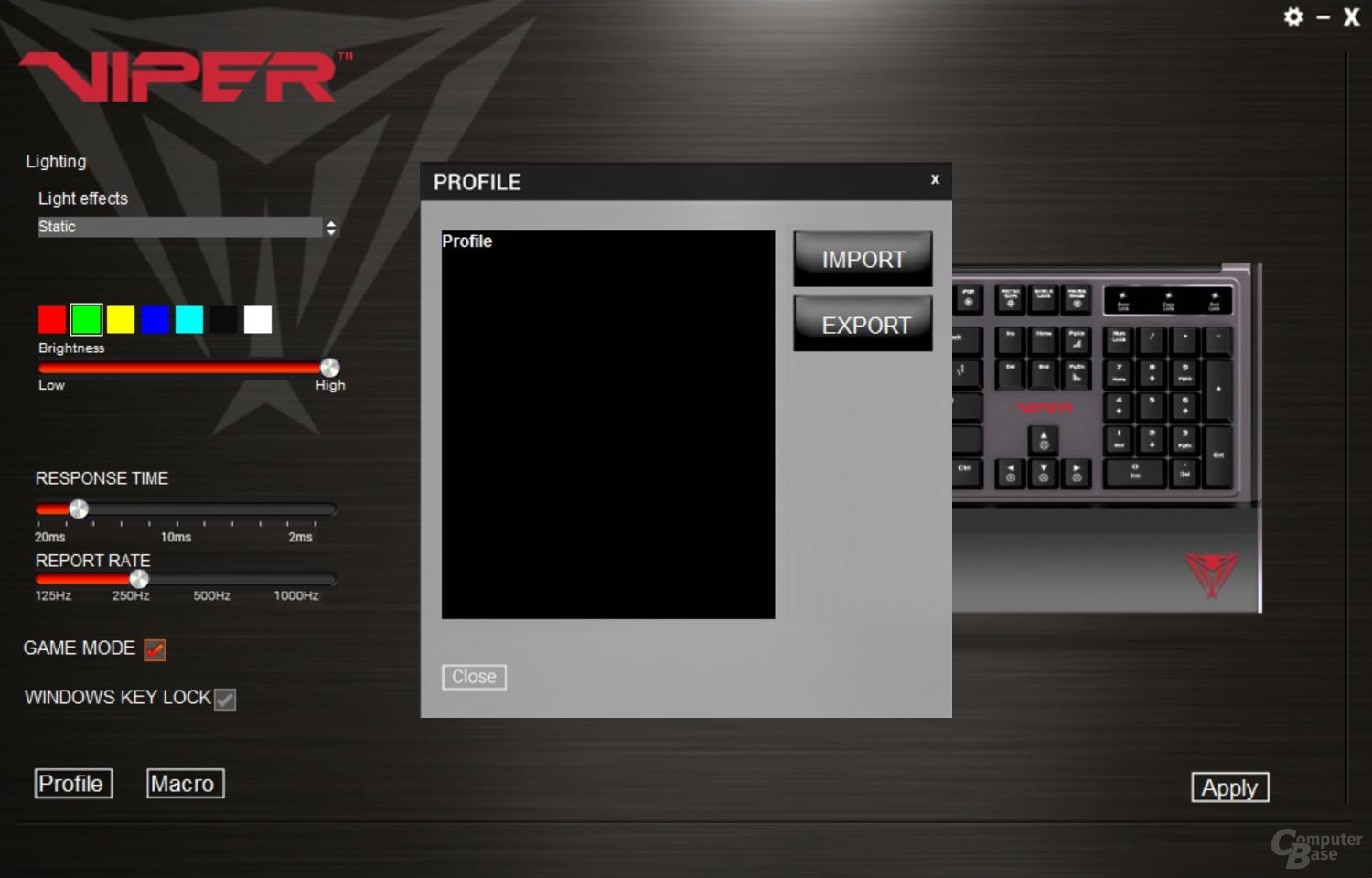 Das Profilfenster zeigt nur das auf der Tastatur gespeicherte Profil an