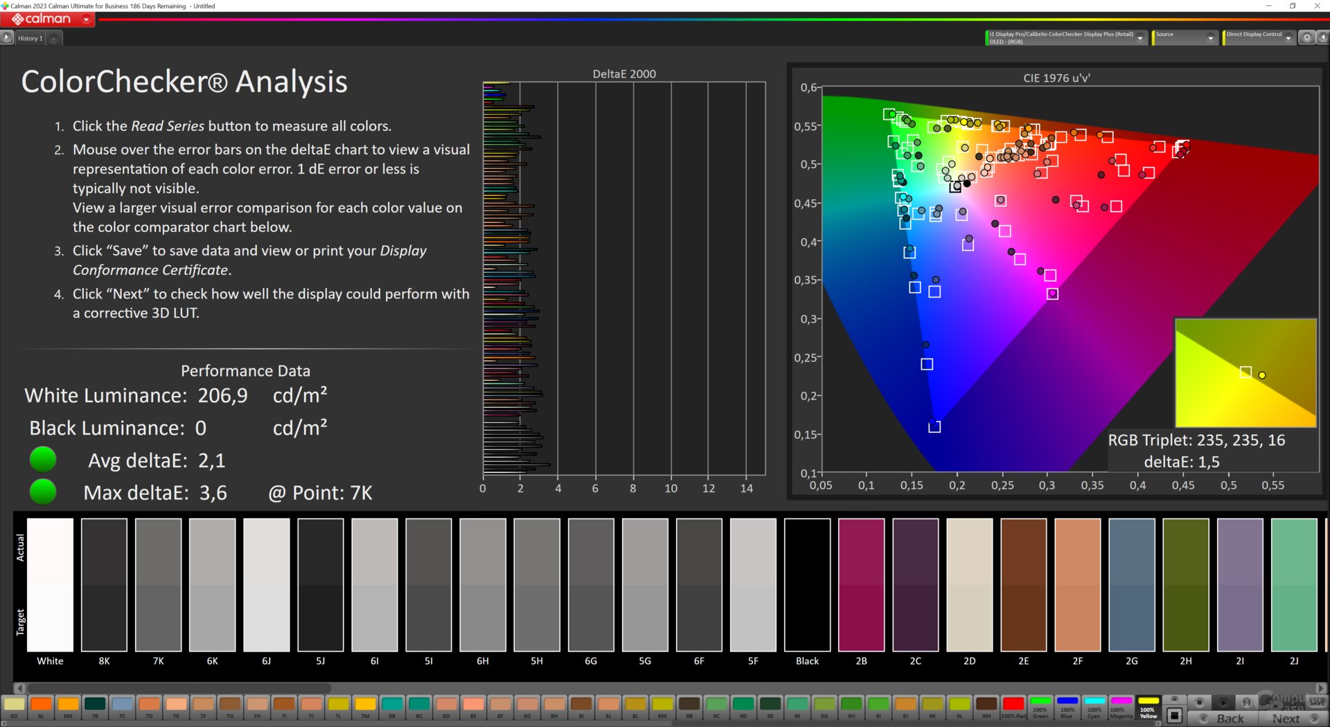 ColorMatch-Testergebnis des MSI MPG 272URX QD-OLED im Modus sRGB