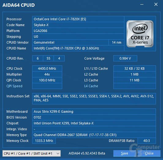 Intel Core i7-7820X bei 4,4 GH für alle Kerne