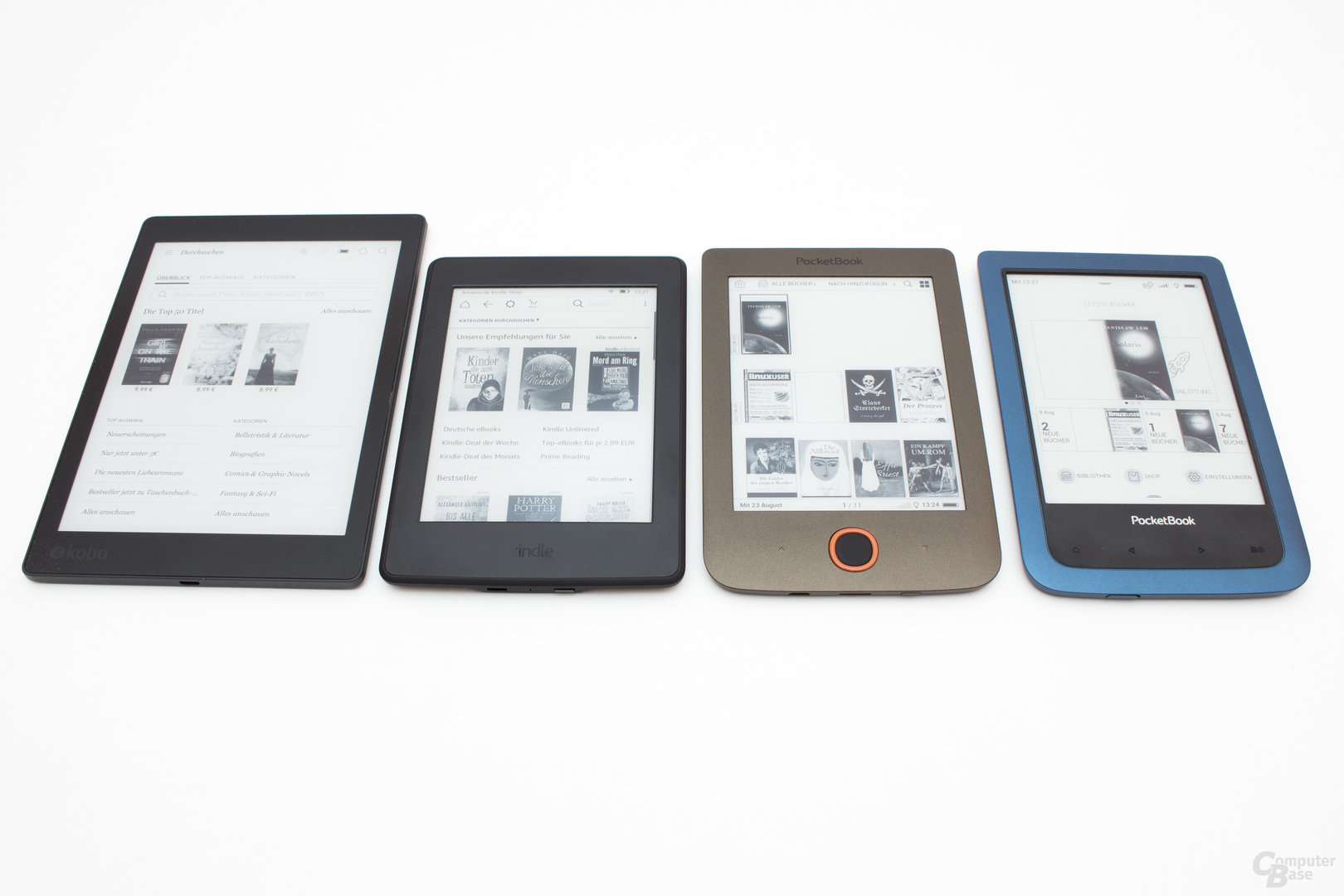 Größenvergleich PocketBook Aqua 2 und Basic Lux sowie Kobo Aura One und Kindle Paperwhite