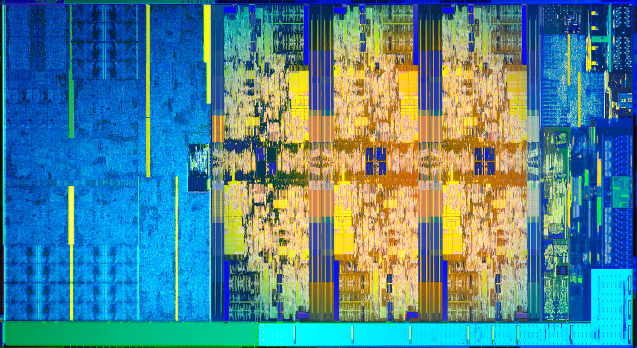 Coffee Lake: Grafikeinheit links, sechs Kerne mittig rechts, Rest ist I/O, PCIe, DDR (Bild: Intel)