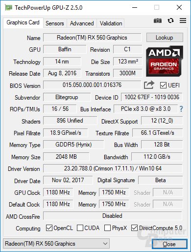 GPU-Z: Radeon RX 560 mit maximal 1.180 MHz