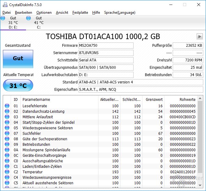 CrystalDiskInfo zur HDD HDD