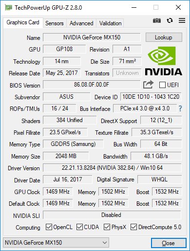 Normale GeForce MX150 (1D10) im Asus Zenbook UX430UN