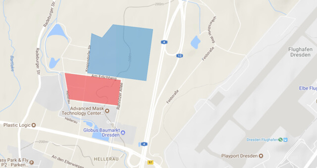 In der Nähe des Dresdener Flughafens entsteht die neue Chip-Fabrik (rote Fläche) von Bosch
