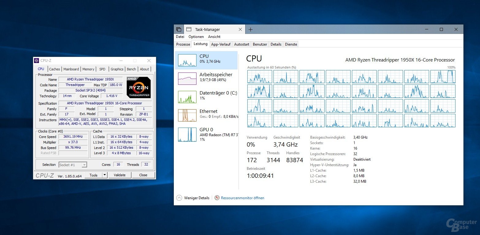 So zeigt CPU-Z den Threadripper 1950X unter Windows 10 an