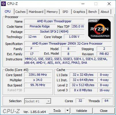 Screenshot von CPU-Z mit Threadripper 2990X