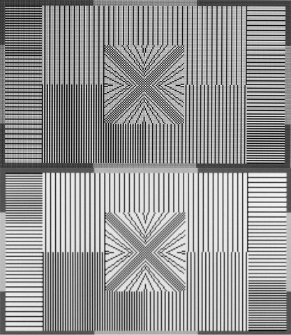 Native Darstellung von 2.560 x 1.440 Bildpunkten (oben) und interpoliert durch ein UHD-Display (unten).