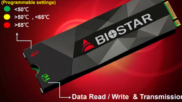 Biostar M500: M.2-PCIe-SSD mit LED-Temperaturanzeige im Kühler