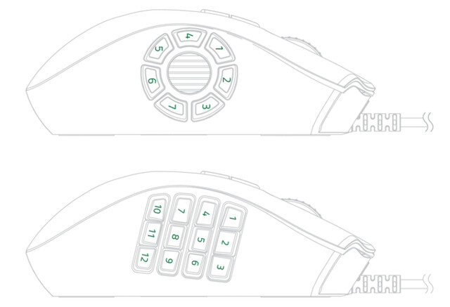 Rechte Seitenansicht der Razer Naga Trinity Left-Handed Edition mit 7- und 12-Tasten-Modulen