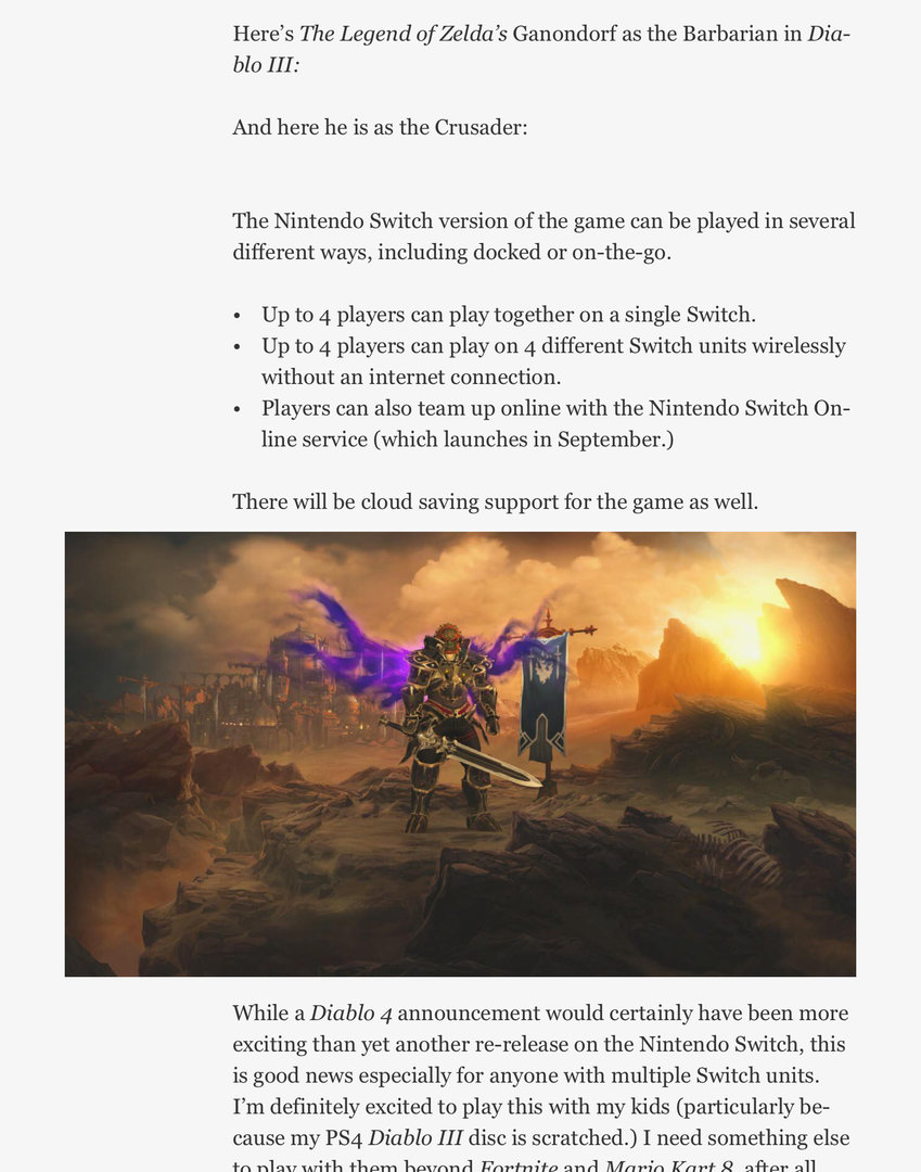 Screenshot des Forbes-Artikels zeigt Rüstungs-Bonus für Diablo 3 auf der Switch