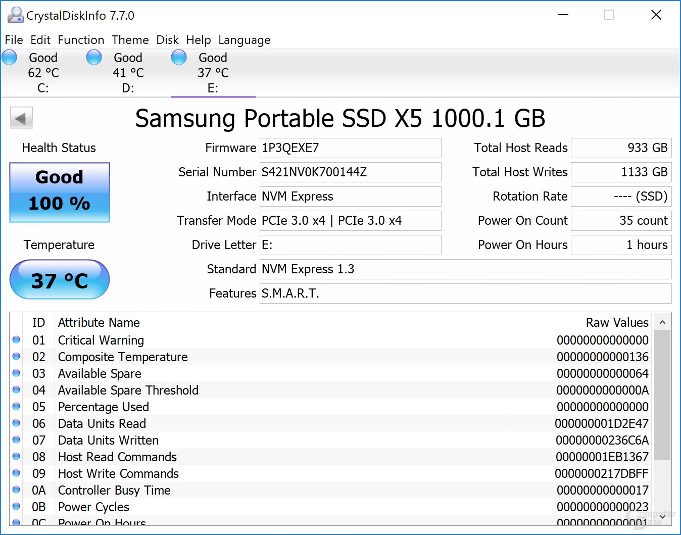 Samsung Portable SSD X5 – CrystalDiskInfo