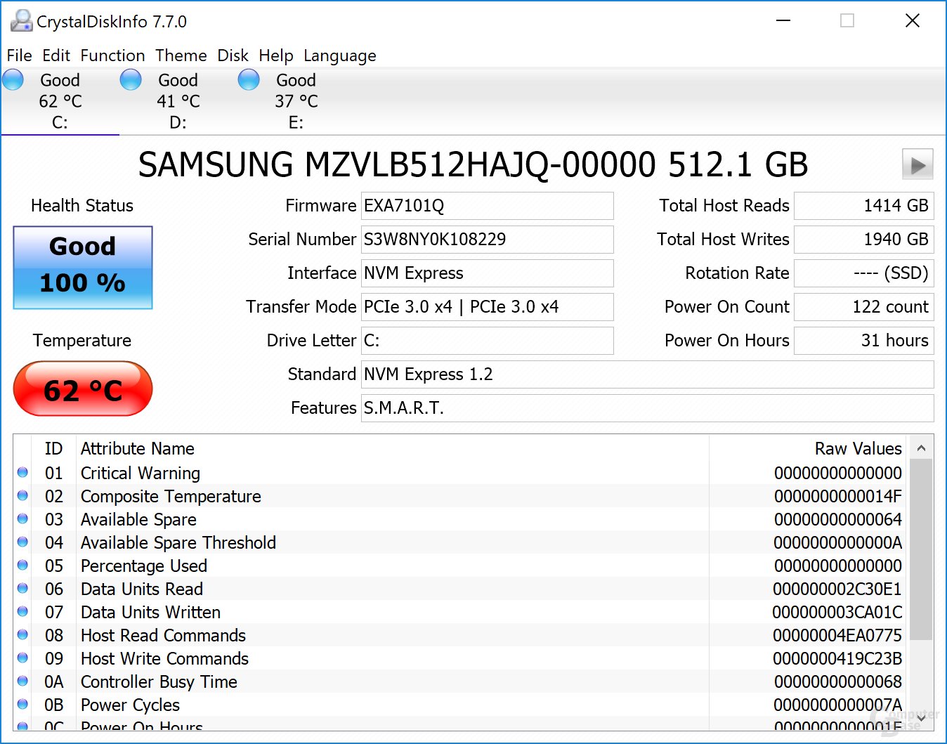 Samsung SSD im Razer Blade 15 – CrystalDiskInfo