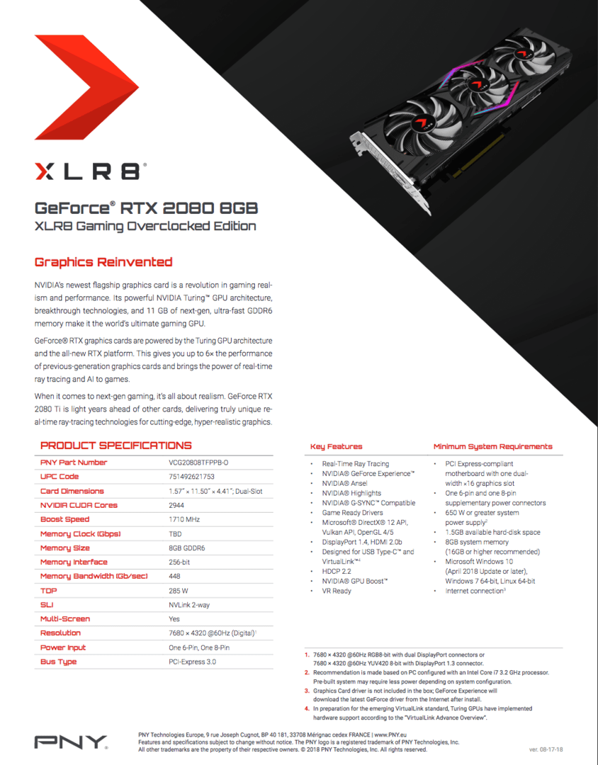PNY GeForce RTX 2080 8GB XLR8 Gaming Overclocked Edition Triple Fan