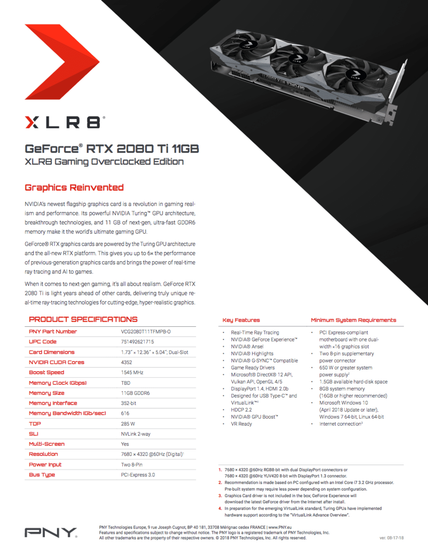 PNY GeForce RTX 2080 Ti 11GB XLR8 Gaming Overclocked Edition Triple Fan